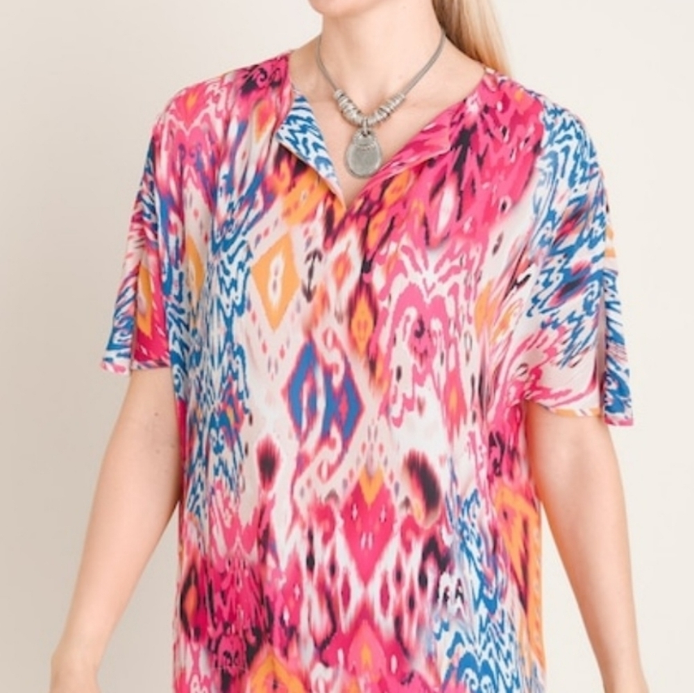 Chicos Ikat Design Multi Colored Blouse Tie Dyed Look Chicos Size 2 Silky Fabric